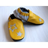 Chaussons en cuir souples - Jaune, Gris et étoiles. Fait main et unique.