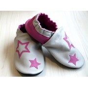 Chaussons en cuir souples bébé, enfant et adulte - Rose, Gris et étoiles