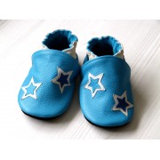 Chaussons en cuir souples bébé, enfant et adulte - Bleus et étoiles