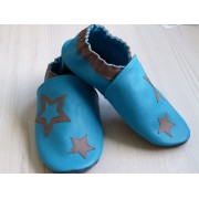 Chaussons en cuir souples bébé, enfant et adulte - Bleus et étoiles taupes