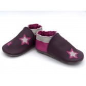 Chaussons en cuir souples bébé, enfant et adulte - Rose, Prune et étoiles