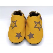 Chaussons en cuir souples bébé, enfant et adulte - Jaune Soleil, Taupe et étoiles