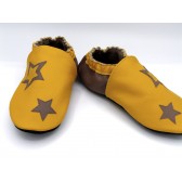 Chaussons en cuir souples - Jaune soleil, Taupe et étoiles. Fait main et unique.