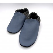 Chaussons en cuir souples bébé, enfant et adulte - Bleu gris et gris foncé