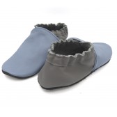 Chaussons en cuir souples - Bleu gris et gris foncé. Antidérapants et résistants