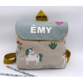 Sac à dos personnalisé - Licorne. Bretelles réglables et prénom en cuir.