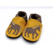 Chaussons en cuir souple - Mes chevaux jaune et taupe