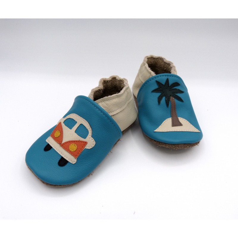 Chaussons en cuir souples bébé, enfant et adulte - Mes vans turquoise