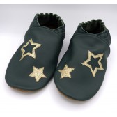 Chaussons en cuir souples - Vert foncé et étoiles or. Antidérapants et résistants