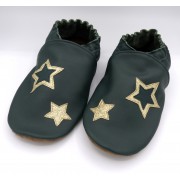 Chaussons en cuir souples bébé, enfant et adulte - Vert foncé étoiles or