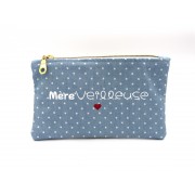 Trousse, pochette en Chambray de coton, personnalisée, pour maman, pois