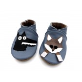 Chaussons en cuir souple - Loup et renard. Antidérapants et résistants