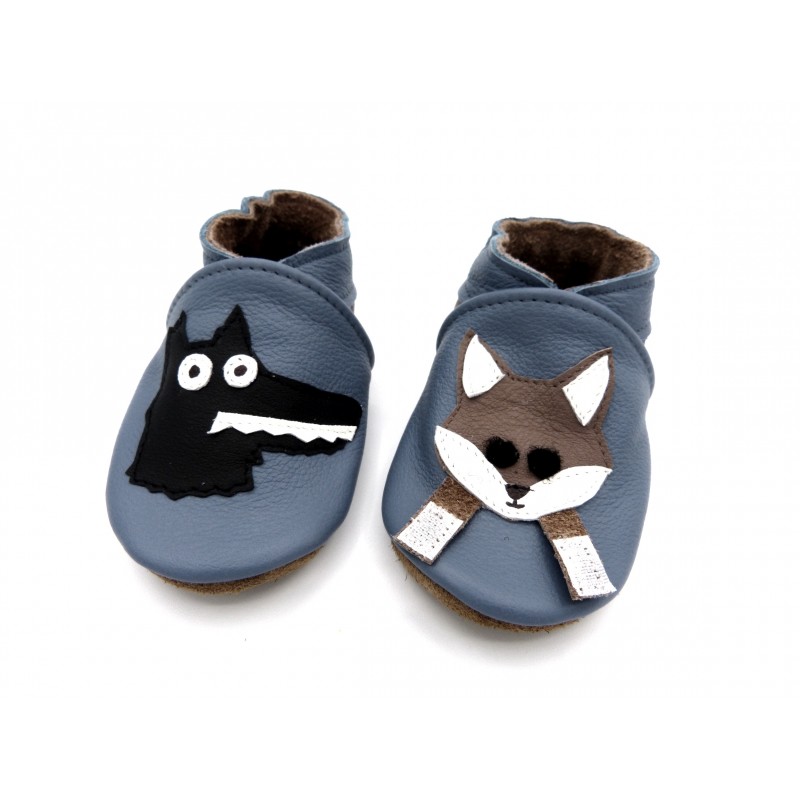 Chaussons en cuir souple - Loup et renard. Antidérapants et résistants Chaussons en cuir souple - Loup et renard. Antidérapants et résistants