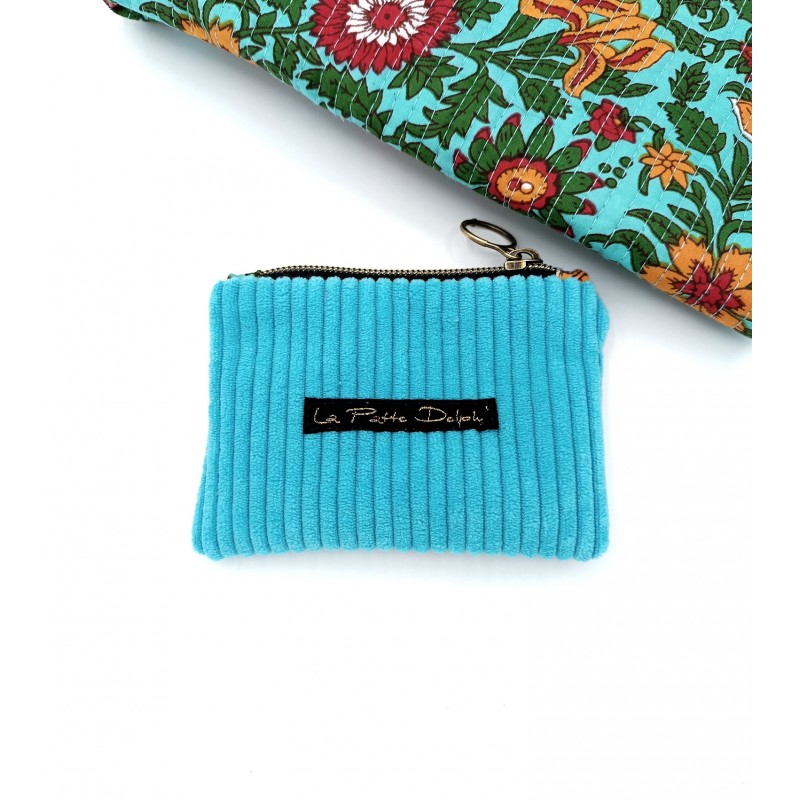 Porte-monnaie, en velours côtelé et matelassé indien, Turquoise : pour l'été, fabriqué en France