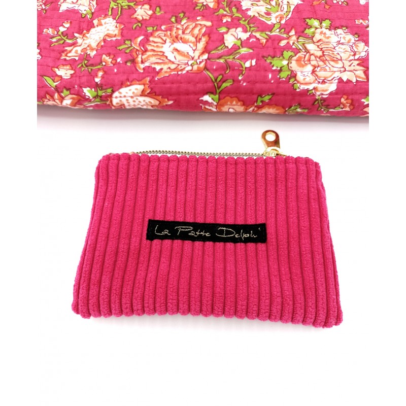 Porte-monnaie, en velours côtelé et matelassé indien, Fuchsia : pour l'été, fabriqué en France