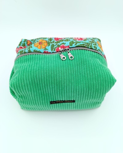 Trousse de toilette : Vert Indien . Grande capacité, velours côtelé.