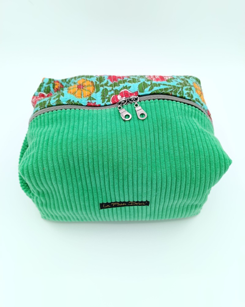 Trousse de toilette : Vert Indien . Grande capacité, velours côtelé.