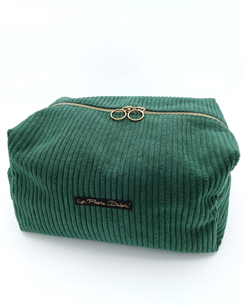 Trousse de toilette : Velours vert . Grande capacité, velours côtelé.