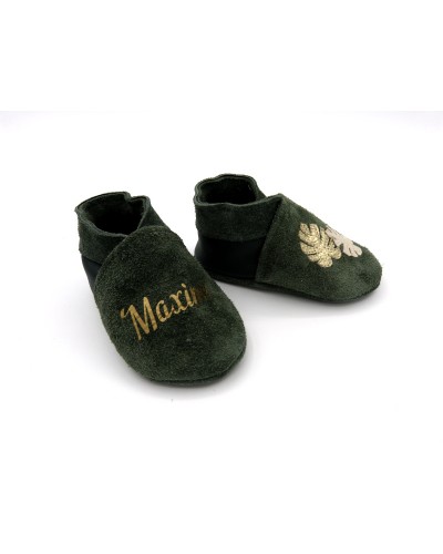 Chaussons en cuir souple - Feuilles. Antidérapants et résistants, à personnaliser
