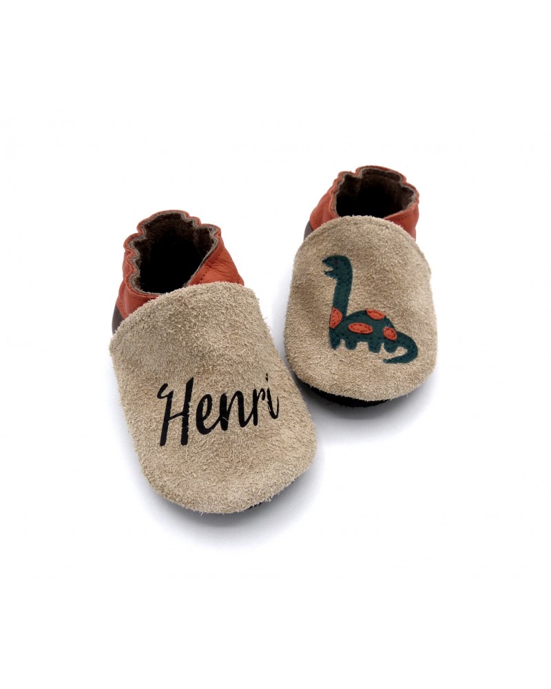 Chaussons en cuir souple - Dinosaure. Antidérapants et résistants, à personnaliser