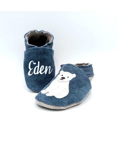 Chaussons en cuir souple - Ours polaire. Chaud et personnalisé.