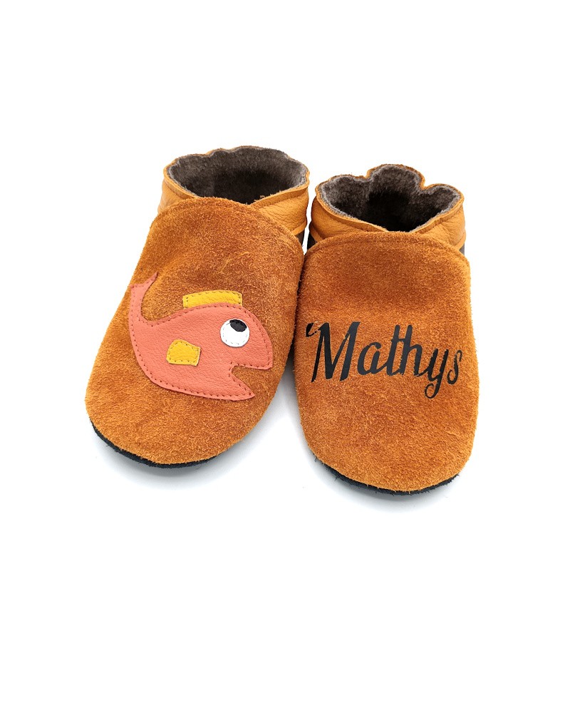 Chaussons en cuir souple - Poisson. Antidérapants et résistants, à personnaliser