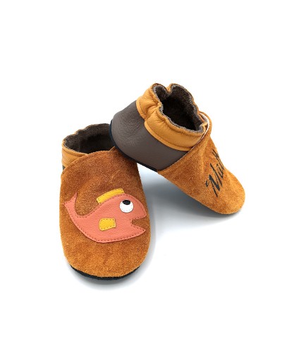Chaussons en cuir souple - Poisson. Chaud et personnalisé.