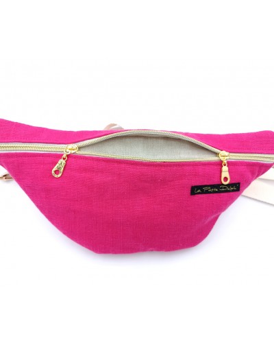Sac banane - Lin lavé fuchsia.  Poche au dos
