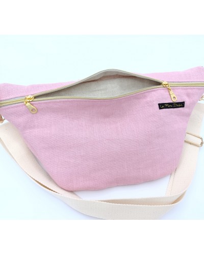 Sac banane - Lin lavé rose.  Poche au dos