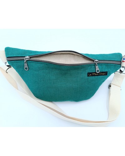 Sac banane - Lin lavé vert pin.  Poche au dos