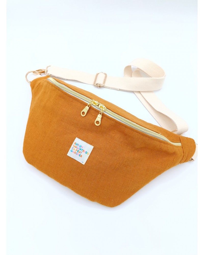 Sac banane - Lin lavé orange.  Pour l'été. Fabriqué en France