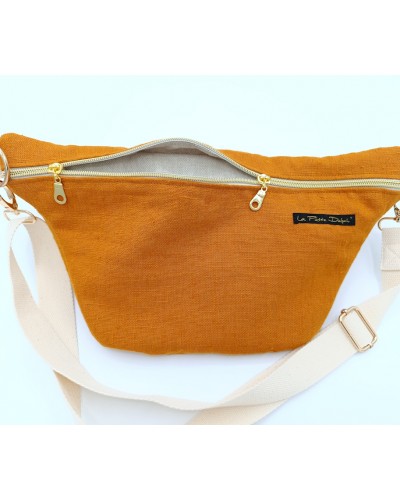 Sac banane - Lin lavé orange.  Poche au dos