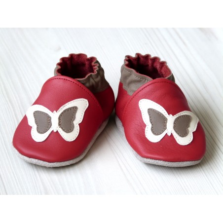 Chaussons en cuir souple - Papillon rouge