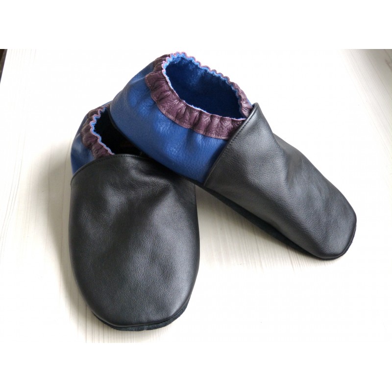 Chaussons en cuir souples bébé, enfant et adulte - Noir, Prune