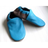 Chaussons en cuir souples - Bleu Turquoise, Taupe. Fait main et unique.