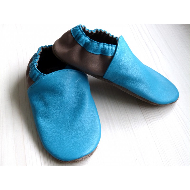 Chaussons en cuir souples - Bleu Turquoise, Taupe. Fait main et unique.