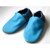 Chaussons en cuir souples bébé, enfant et adulte - Bleus et étoiles taupes