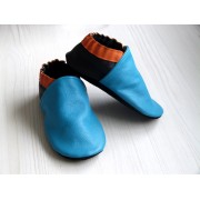 Chaussons en cuir souples bébé, enfant et adulte - Bleu Turquoise, Orange, Noir